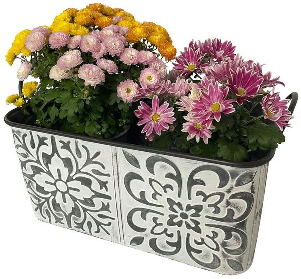 Online-Fuchs Blumentopf Zinkwanne mit Blumenmuster groß Pflanzkübel Kasten Metall (Vintage Silber/weiß), Maße großer Blumenkasten ca. 49 x 30 cm und 22 cm hoch