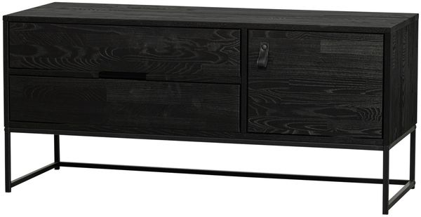 TV-Board Silas aus Kiefernholz, modern skandinavisch, schwarz, 120 cm, mit Schubladen und Tür