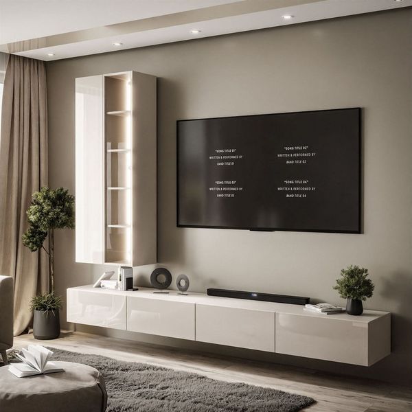 ALLHOUSE24 Wohnwand NOVELIA Hängende Schrankwand mit LED-Beleuchtung Kaschmir, (1x TV Schrank, 1x Vitrine), Fronten in Hochglanz, Breite 250 cm