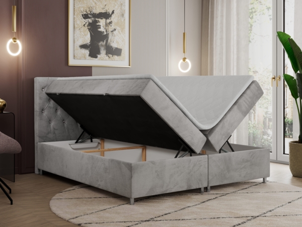 Boxspringbett Doppelbett Polsterbett Kunstlederbett mit Bettkasten - ROMA - 140x200cm - Hellgrau Velours - H4 Bild 2