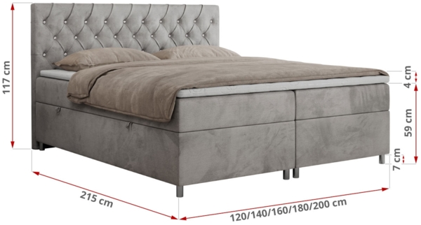 Boxspringbett Doppelbett Polsterbett Kunstlederbett mit Bettkasten - ROMA - 140x200cm - Hellgrau Velours - H4 Bild 5