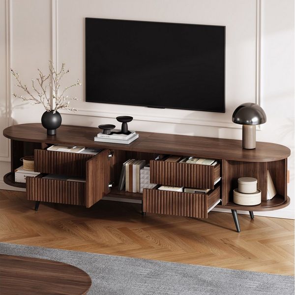 MODFU TV-Schrank Praktischer TV-Schrank mit 4 Schubladen & 5 Ablagefächern (Packung, 1-St, In eleganter Walnuss-Optik, 180 cm Breite, 40 cm Tiefe) Stilvolles Lowboard für TV-Geräte bis 80 Zoll