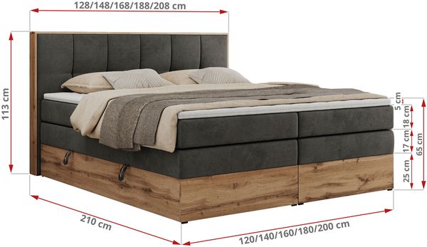 Boxspringbett, Doppelbett mit zwei 7 Härtezonen Multipocket-Matratzen, Bettkästen, Eiche Wotan Holzrahmen, Polsterbett mit Topper-Matratze - ALBERO 1 KING - 200 x 200 cm - Dunkelgrau Velours - H4 Bild 6