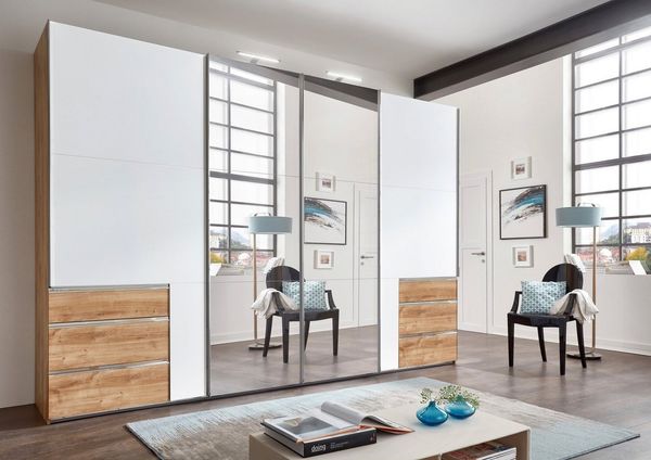 Schwebetürenschrank LEVEL 36 A, 350/216, mit Spiegel/Schubladen, Weiß/Plankeneiche