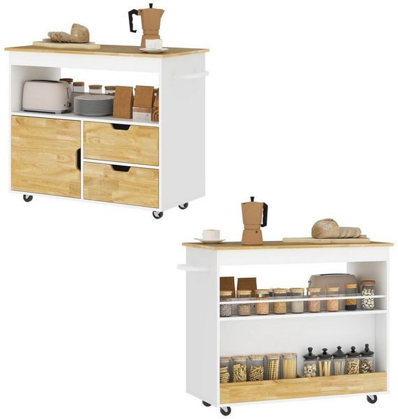 HOMCOM Servierwagen Servierwagen mit Arbeitsplatte, Schubladen, (Rollwagen mit Küchenschrank, 1 St, Kücheninsel), mit offenem Fach für Büro, 107x50x85cm, Eiche