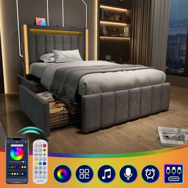 Polsterbett mit USB- und Typ-C-Anschluss, LED-Beleuchtung, 2 Schubladen, Stoffbett 90x200 cm,Grau,inklusive Matratze