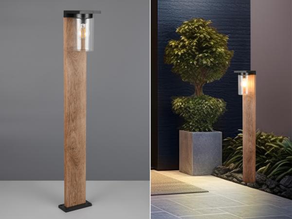LED Wegeleuchte Laterne in Schwarz & Holzoptik mit Glasschirm, Höhe 100cm