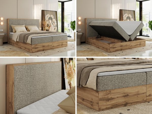 Doppelbett, Boxspringbett mit Bettkästen, Multipocket-Matratze und Topper, Set mit Kopfteil, Eiche Wotan Holzrahmen - WOOD CLASSIC - 180 x 200 cm - Dunkelbeige Struktur - H4 Bild 2