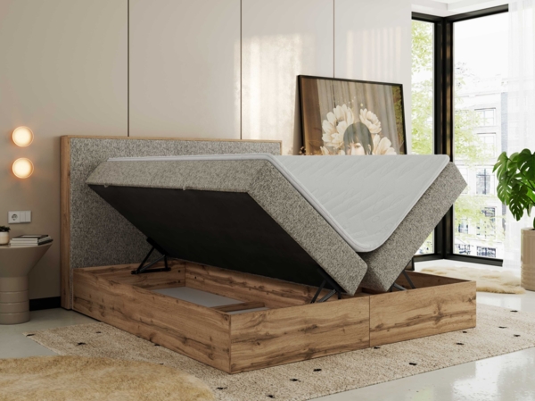 Doppelbett, Boxspringbett mit Bettkästen, Multipocket-Matratze und Topper, Set mit Kopfteil, Eiche Wotan Holzrahmen - WOOD CLASSIC - 180 x 200 cm - Dunkelbeige Struktur - H4 Bild 4