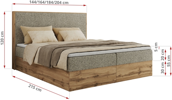 Doppelbett, Boxspringbett mit Bettkästen, Multipocket-Matratze und Topper, Set mit Kopfteil, Eiche Wotan Holzrahmen - WOOD CLASSIC - 180 x 200 cm - Dunkelbeige Struktur - H4 Bild 6