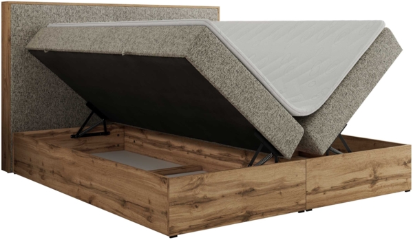 Doppelbett, Boxspringbett mit Bettkästen, Multipocket-Matratze und Topper, Set mit Kopfteil, Eiche Wotan Holzrahmen - WOOD CLASSIC - 180 x 200 cm - Dunkelbeige Struktur - H4 Bild 5