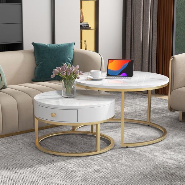 Rundes 2er Couchtisch Set Weiß Marmoroptik, Nesting Beistelltische mit Metallgestell, Moderner Wohnzimmertisch