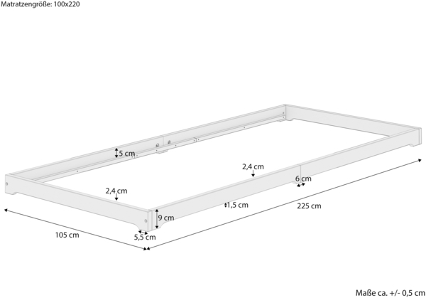Weißes Massivholzbett extra niedrig in Überlänge 100x220 Kiefer V-60.47W-10-220ohne Zubehör Bild 4
