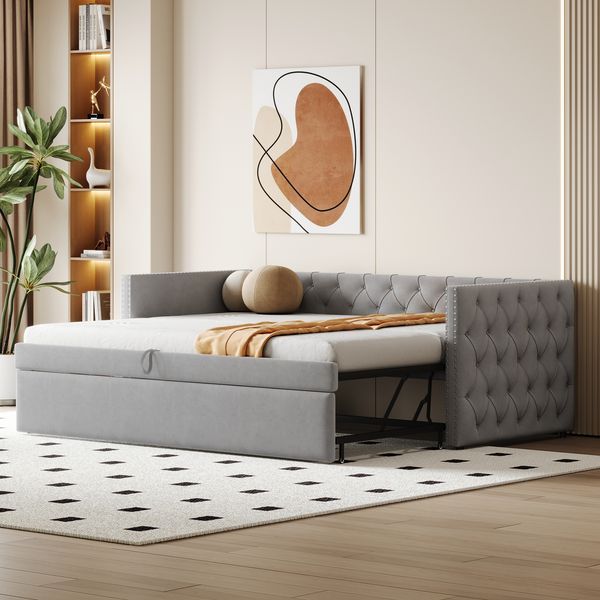 Polsterbett Ausziehbares Schlafsofa90*200 cm Mit Lattenrost, Multifunktionales Bett-Gästebett, Hautfreundlicher Samtstoff, Hellgrau (Matratze nicht enthalten), Alte SKU LDU00233AAG