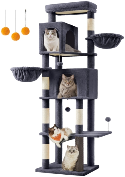 Feandrea Kratzbaum groß, 190,7 cm hoch, XXL, mehrstöckiger Katzenbaum mit 2 Höhlen, 2 Liegemulden, 5 Kratzsäulen, Katzenbürste, große Plattform, dunkelgrau