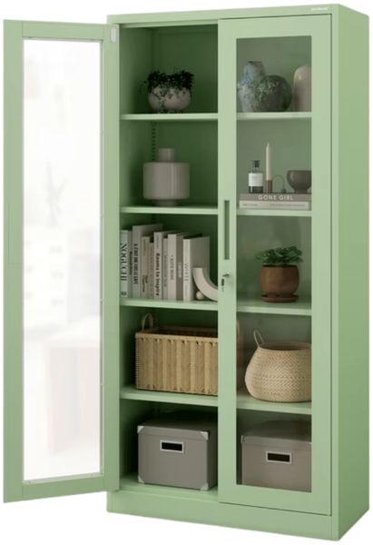 Vitrinenschrank abschließbar AMELIA - Glastüren, 5 Ebenen | Büroschrank aus Stahl Aktenschrank mit Glasfenster Metallschrank Mehrzweckschrank, 185x90x40cm Pastellgrün