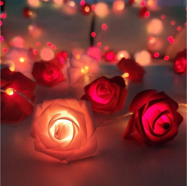 MUPOO LED-Lichterkette LED Nachtlicht 3M 20LEDs Girlande,Kunstblume Rose Warmweiß,Batterie, für Party Weihnachten,Blumengirlande Rose,LED Dekolicht