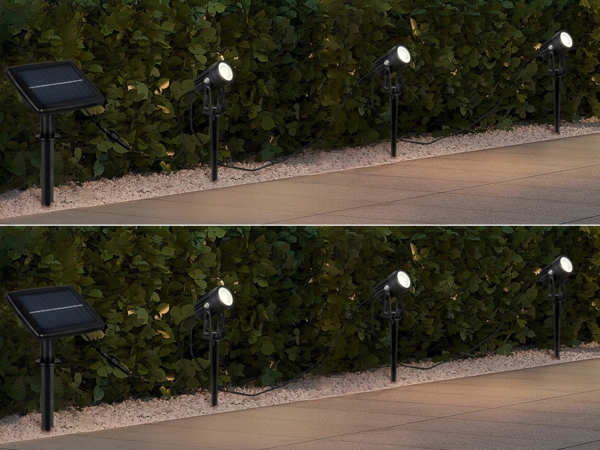 2er Set Solar Gartenstrahler auch per USB aufladbar mit je 3 Spots, L: 6,2 Meter