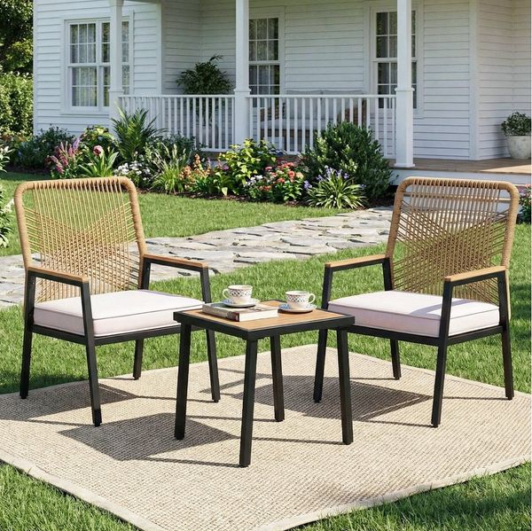 TLGREEN Gartenstuhl Eisen-Rattan Gartensessel,verbreiterter Sitz, (Balkonstühle Metall und Rattan, mit 8 cm dicken Sitzkissen, 3 St), 160 kg Belastbar für Terrasse, Garten und Veranda