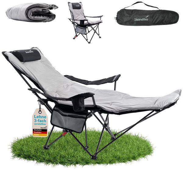 Skandika Campingstuhl Toras mit Fußablage und mit Auflage, 2-in-1 Liegefunktion (Max. Benutzergewicht 120 kg, Gewicht: 4,7 kg), verstellbare Rückenlehne, leicht, Klappstuhl mit Getränkehalter