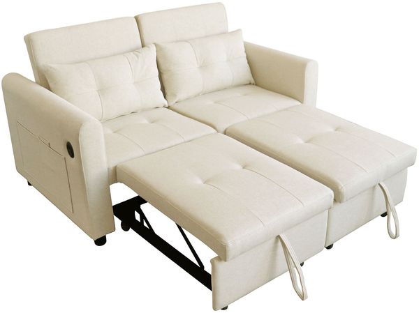 Merax Sofa, Schlafsofa, 3-in-1-Ausziehsofa mit verstellbarer Rückenlehne, USB, Armlehnentaschen und Kissen, beige Bild 10