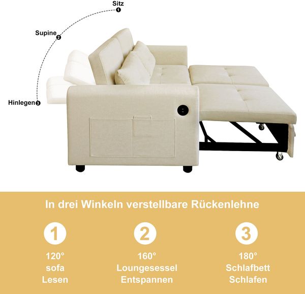 Merax Sofa, Schlafsofa, 3-in-1-Ausziehsofa mit verstellbarer Rückenlehne, USB, Armlehnentaschen und Kissen, beige Bild 6