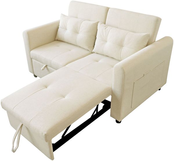 Merax Sofa, Schlafsofa, 3-in-1-Ausziehsofa mit verstellbarer Rückenlehne, USB, Armlehnentaschen und Kissen, beige Bild 9