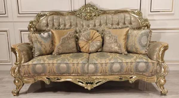 Casa Padrino Luxus Barock Sofa Gold / Grün / Gold - Prunkvolles Wohnzimmer Sofa mit elegantem Muster - Barock Wohnzimmer Möbel