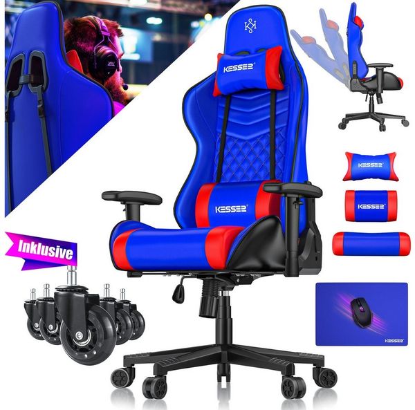 KESSER® Gaming Stuhl Ergonomisch Bürostuhl mit Kopfstütze & Lendenkissen | Racing Gamer Stuhl 150kg belastbar | Armlehne 360° | Drehbarer Schreibtischstuhl Gaming Chair + Gummi-Rollen Blau / Rot