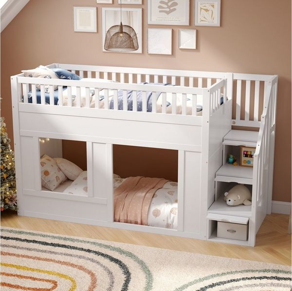 Flieks Hochbett Kinderbett Hausbett 90x200cm mit Stauraumtreppe und Rausfallschutz