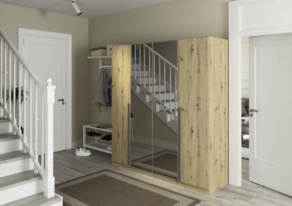 rauch Kleiderschrank Alba, Drehtürenschrank, Garderobenschrank, 4-türig, mit Spiegel, mit 3 Kleiderstangen, 4 Einlegeböden und Schubladeneinsatz, Farbe Eiche Artisan, Holz, Griffstange Grau metallic, Schwarz, 181x197x54cm