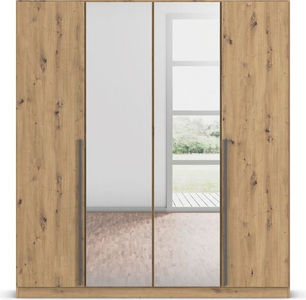 rauch Kleiderschrank Alba, Drehtürenschrank, Garderobenschrank, 4-türig, mit Spiegel, mit 3 Kleiderstangen, 4 Einlegeböden und Schubladeneinsatz, Farbe Eiche Artisan, Holz, Griffstange Grau metallic, Schwarz, 181x197x54cm Bild 2