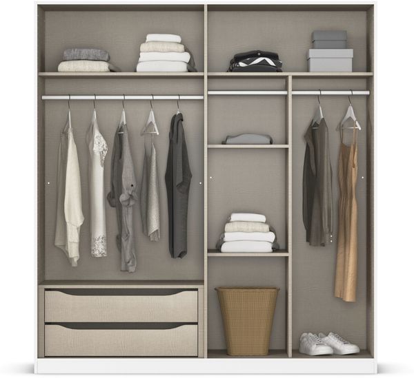 rauch Kleiderschrank Alba, Drehtürenschrank, Garderobenschrank, 4-türig, mit Spiegel, mit 3 Kleiderstangen, 4 Einlegeböden und Schubladeneinsatz, Farbe Eiche Artisan, Holz, Griffstange Grau metallic, Schwarz, 181x197x54cm Bild 5