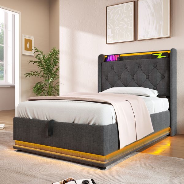 Polsterbett 90x200 cm Grau mit 360° LED-Beleuchtung, Kopfteil mit USB Typ-C Ladefunktion & hydraulischem Stauraum,mit Matratze