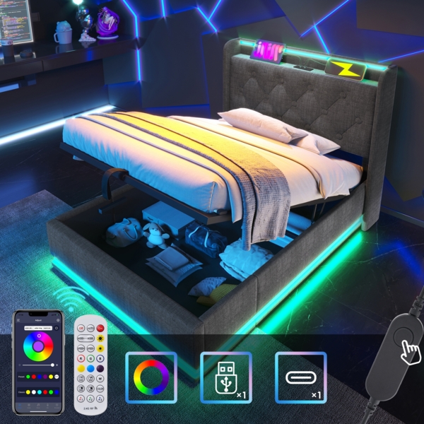 Polsterbett 90x200 cm Grau mit 360° LED-Beleuchtung, Kopfteil mit USB Typ-C Ladefunktion & hydraulischem Stauraum,mit Matratze