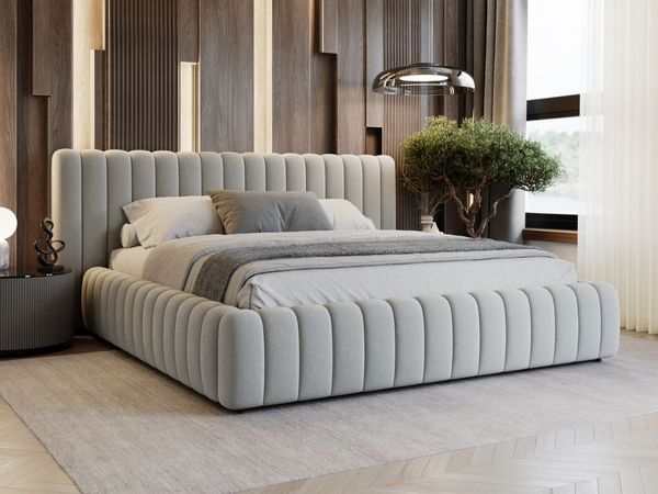 GRAINGOLD Bliss Polsterbett 200x200, Doppelbett, Bett mit Kopfteil, Bettkasten, Velour-Stoff, Hellgrau