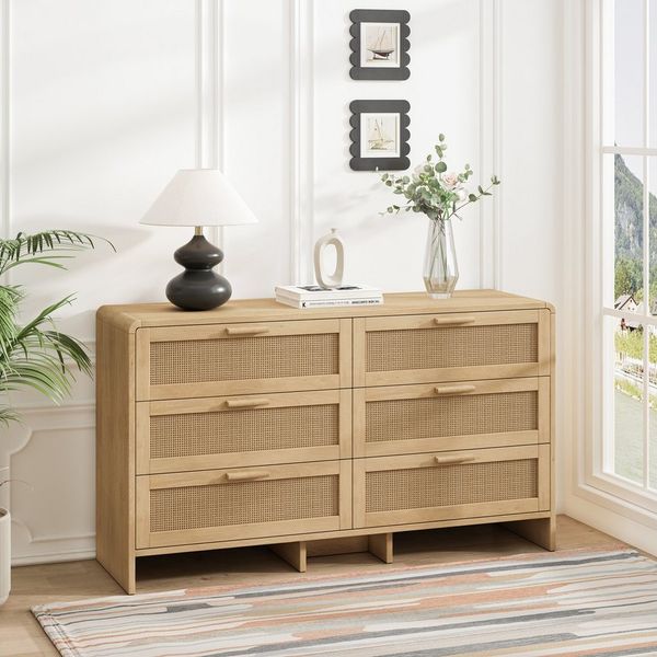Celya Kommode 130cm Kommode mit 6 Schubladen, mit schubladen, Rattanschrank (kommoden für schlafzimmer, Natürlich), Arc Shaped Corner Rattan Cabinet