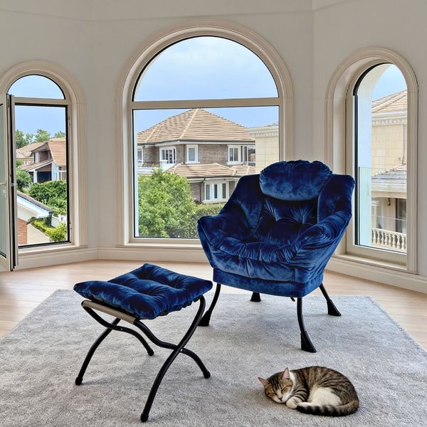 Relaxsessel mit Hocker, Stoff & Metallgestell, mit Seitentasche und klappbarer Fußstütze, 72×62×96, Dunkelblau