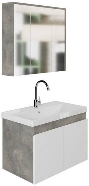 Karen Badmöbel-Set Badmöbel Set Alfa 80 Weiß, (Komplett-Set, 3-Teilig (Unterschrank, Spiegelschrank, Waschbecken), 3-St, Unterschrank mit Türen, Spiegelschrank mit Türen & Regalen), Retro-Stil, Front in Weiß, Softclose Bild 3