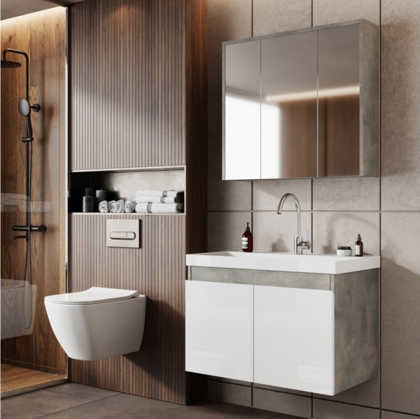 Karen Badmöbel-Set Badmöbel Set Alfa 80 Weiß, (Komplett-Set, 3-Teilig (Unterschrank, Spiegelschrank, Waschbecken), 3-St, Unterschrank mit Türen, Spiegelschrank mit Türen & Regalen), Retro-Stil, Front in Weiß, Softclose Bild 5