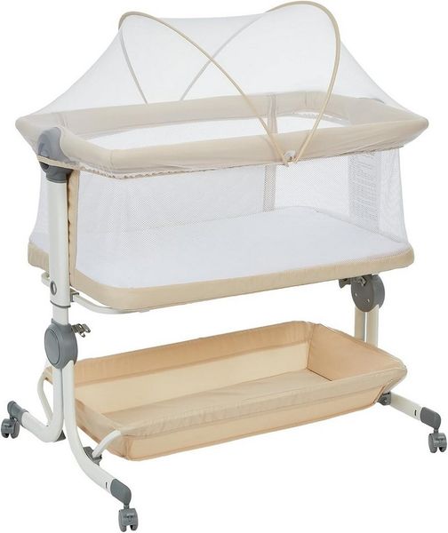 GarveeMore Babybett 3-in-1 Mit Wiege,Höhenverstellbar in 6 Stufen Mit Rollen, Beistellbett Atmungsaktivem Netzgewebe,Moskitonetz Großem Stauraumkorb