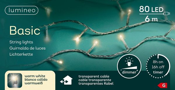 Lumineo LED-Lichterkette Lumineo Lichterkette BASIC 80 LED 6 m warm weiß, transparentes Kabel, Indoor/Outdoor, dimmbar, 8h-Timer, + 5 m Zuleitung