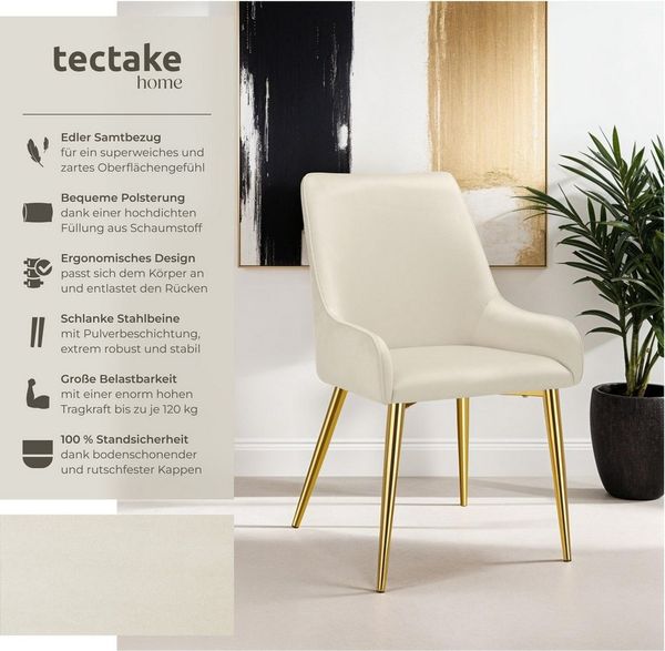 tectake Esszimmerstuhl Polsterstuhl in Samtoptik, gepolstert, 52 x 61 x 89 cm (Küchenstuhl Avane in beige, 2 St), pulverbeschichtete Stahlbeine, bodenschonend, Belastbarkeit 120 kg