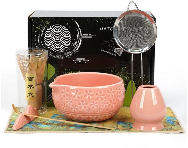OSTWOLKE Teeservice Matcha Set 7-Teiliges Keramik, Bambusbesen, Schale & Zubehör, Matcha Tee Set für Matcha-Liebhaber
