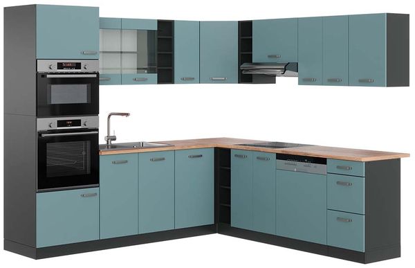 Eckküche R-Line Blau-Grau/Anthrazit 247 x 60 cm , AP Eiche Vicco