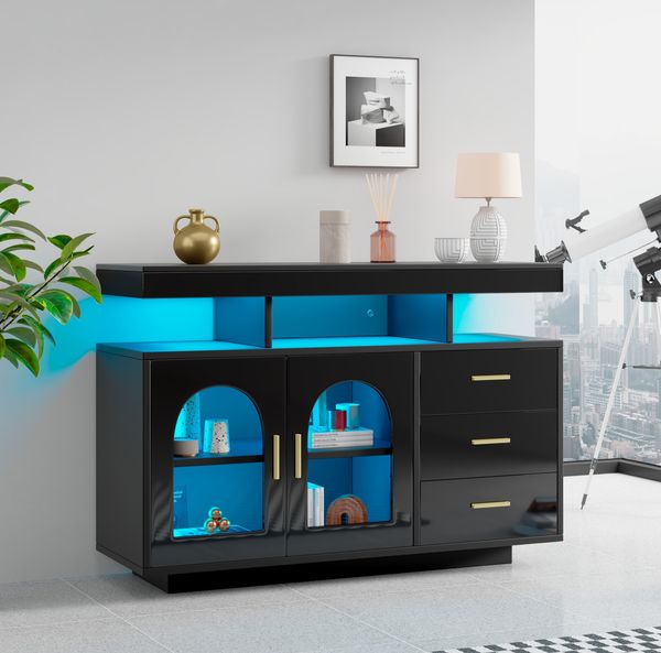 Sideboard 120 x 40 x 80 cm mit LED und Stauraum – Hochglanz-Buffetschrank aus Spanplatte und Acryl in Schwarz
