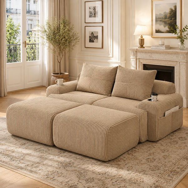 Modulares Cordsofa für 2 Personen (mit 2 Hockern), Getränkehalter, Tasche, Khaki