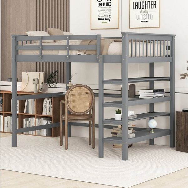 Merax Etagenbett 140x200 cm mit Rausfallschutz und Lattenrost, Hochbett mit Schreibtisch und Regal, Kinderbett aus Kiefer