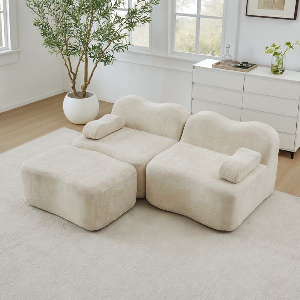 2-Sitzer modulares Ecksofa H 70 x T 192 x B 167 cm aus Samt mit Hocker, rahmenlos, erweiterbar, ohne Montage, Beige