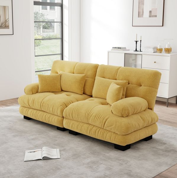 Ecksofa, Chenille, mit Massivholzrahmen, 2 Lenden- & 2 Dekokissen, 220 x 77 x 81 cm, Gelb